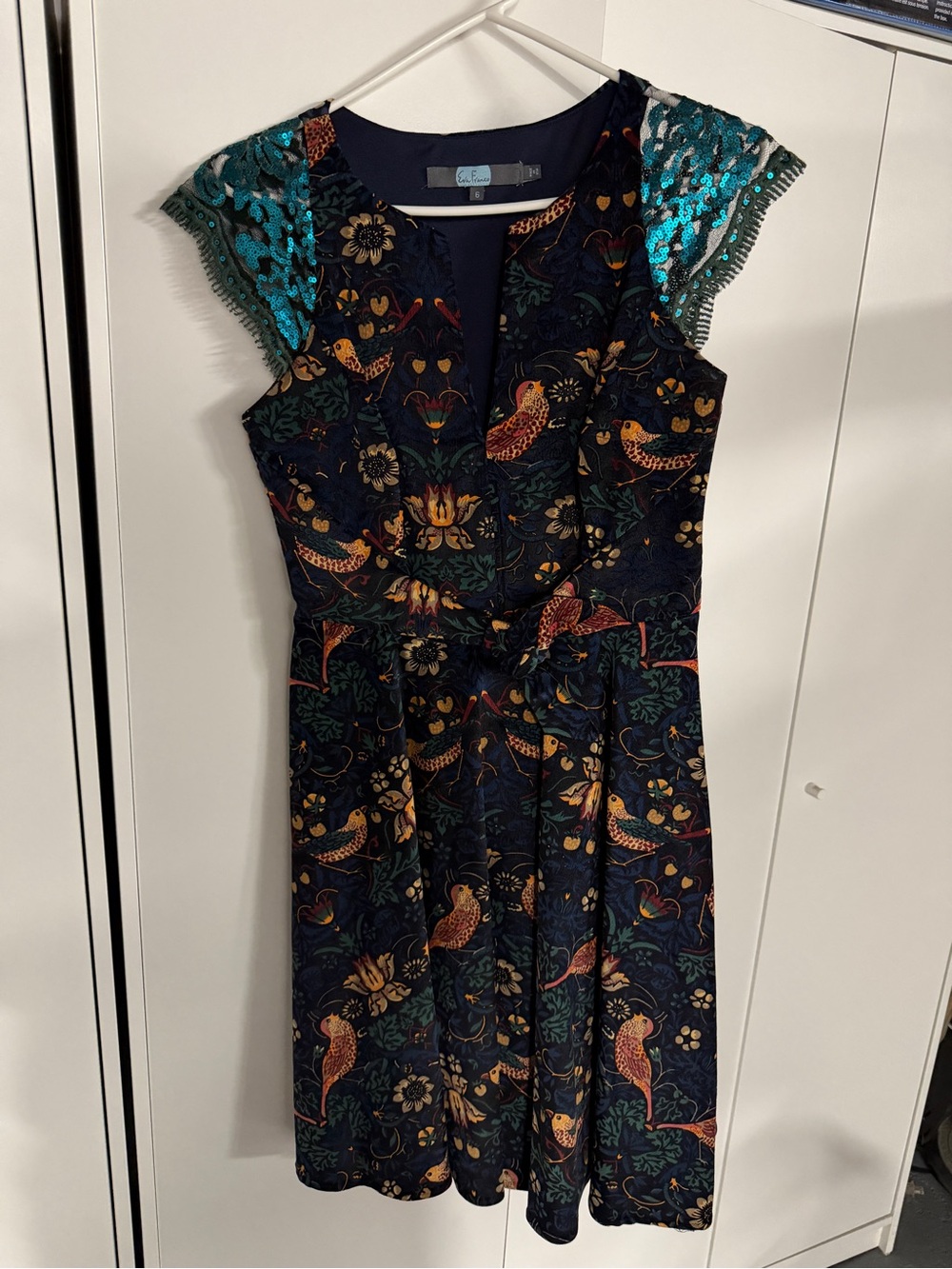 Eva Franco Navy Dress with Teal Sequin Cap Sleeves & Multi-Color Bird Print
